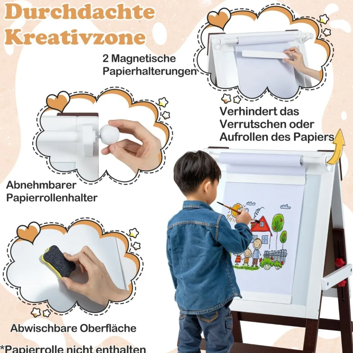 Kinder Staffelei mit Stuhl Höhenverstellbare Kindertafel mit Kreidetafel & Whiteboard Braun