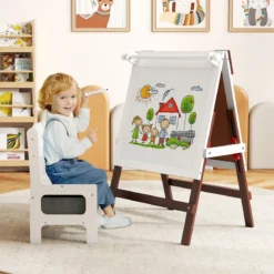 Kinder Staffelei mit Stuhl Höhenverstellbare Kindertafel mit Kreidetafel & Whiteboard Braun