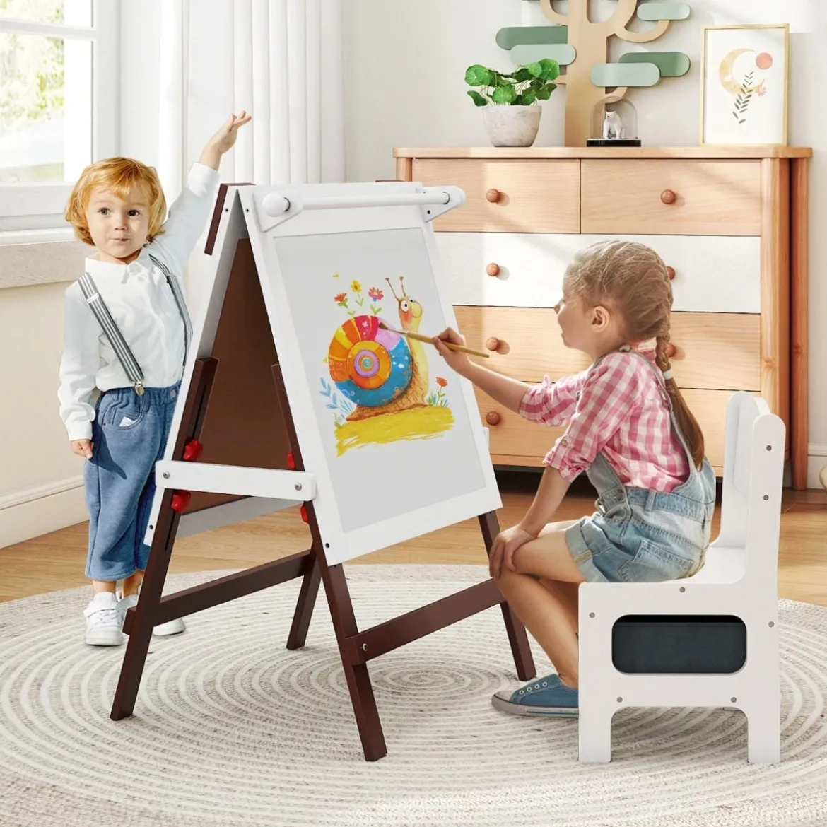 Kinder Staffelei mit Stuhl Höhenverstellbare Kindertafel mit Kreidetafel & Whiteboard Braun