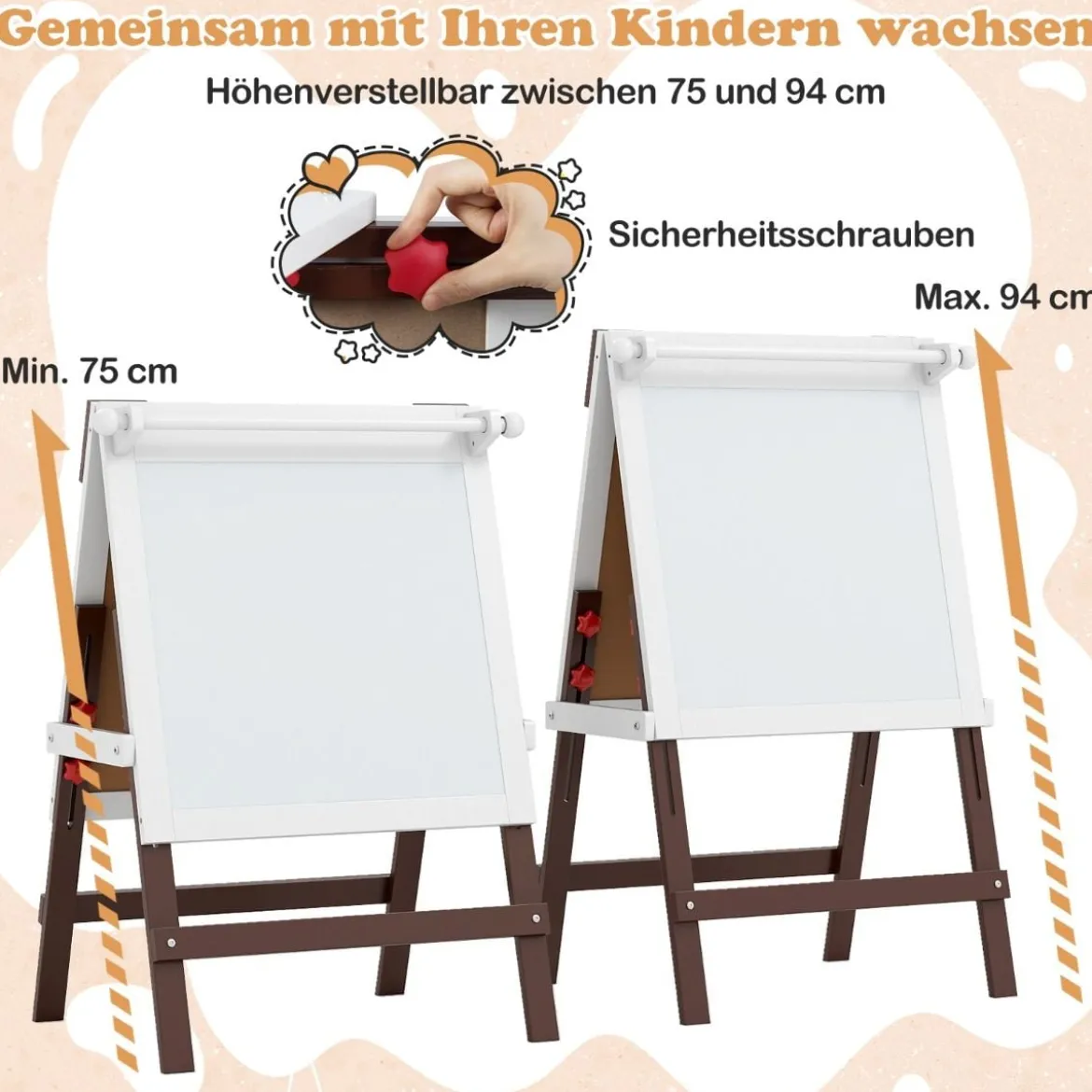 Kinder Staffelei mit Stuhl Höhenverstellbare Kindertafel mit Kreidetafel & Whiteboard Braun