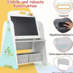 Kinder Staffelei mit Stuhl Kindertafel mit Bücherregal & Magnetischer Kreidetafel & Weißtafel Grau