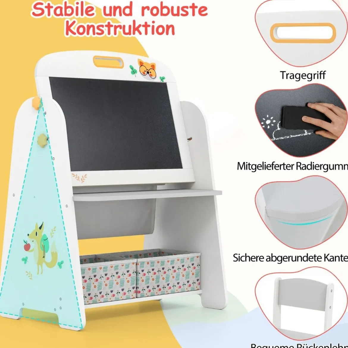 Kinder Staffelei mit Stuhl Kindertafel mit Bücherregal & Magnetischer Kreidetafel & Weißtafel Grau