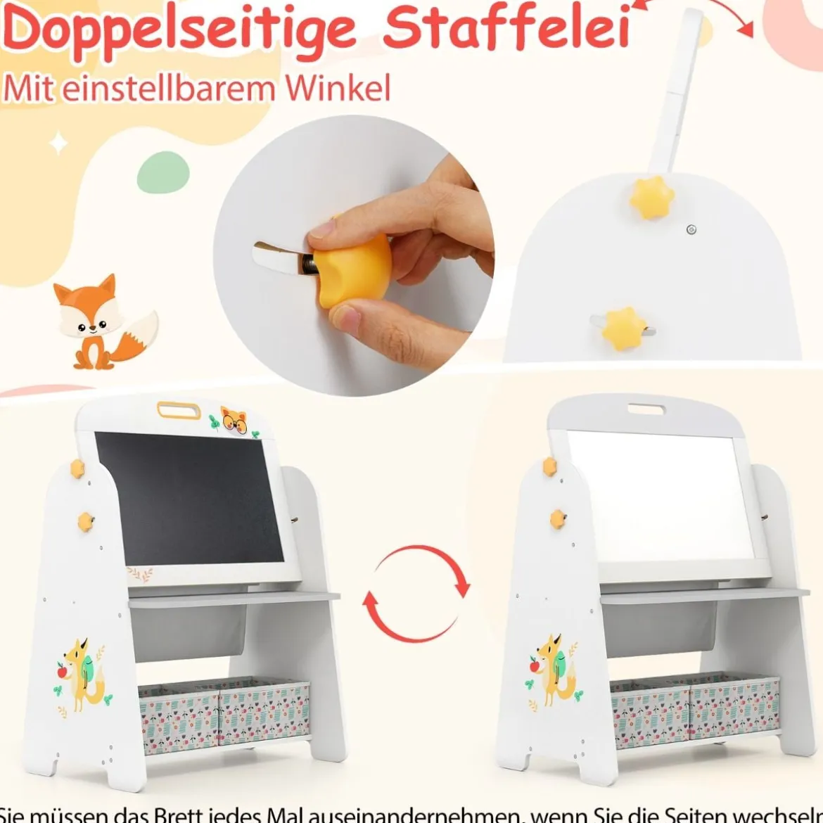Kinder Staffelei mit Stuhl Kindertafel mit Bücherregal & Magnetischer Kreidetafel & Weißtafel Grau