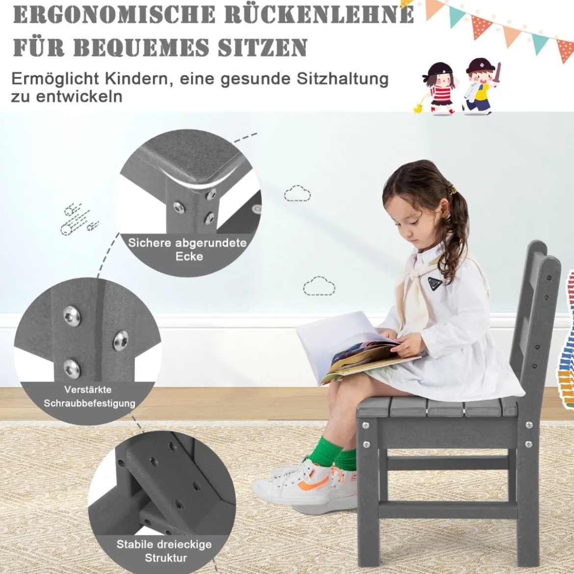 2 Kinderstühle für drinnen & draußen wetterfester strapazierfähiger Lernstuhl für Kleinkinder Grau