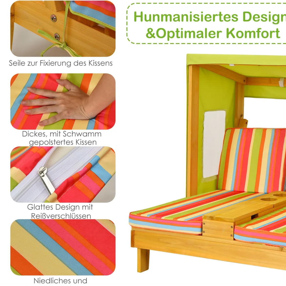 Kinderstuhl mit Getränkehaltern 2-Sitzer mit Markise aus Holz 93 x 85 x 88 cm Bunt