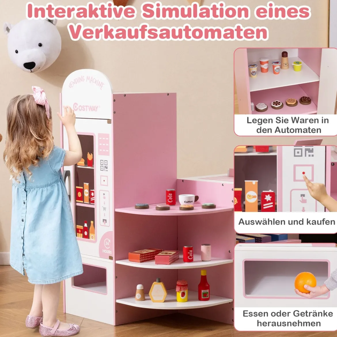 Kinder Supermarkt Spielset mit Kasse & POS-Maschine & Verkaufsautomat & Tafel Rosa