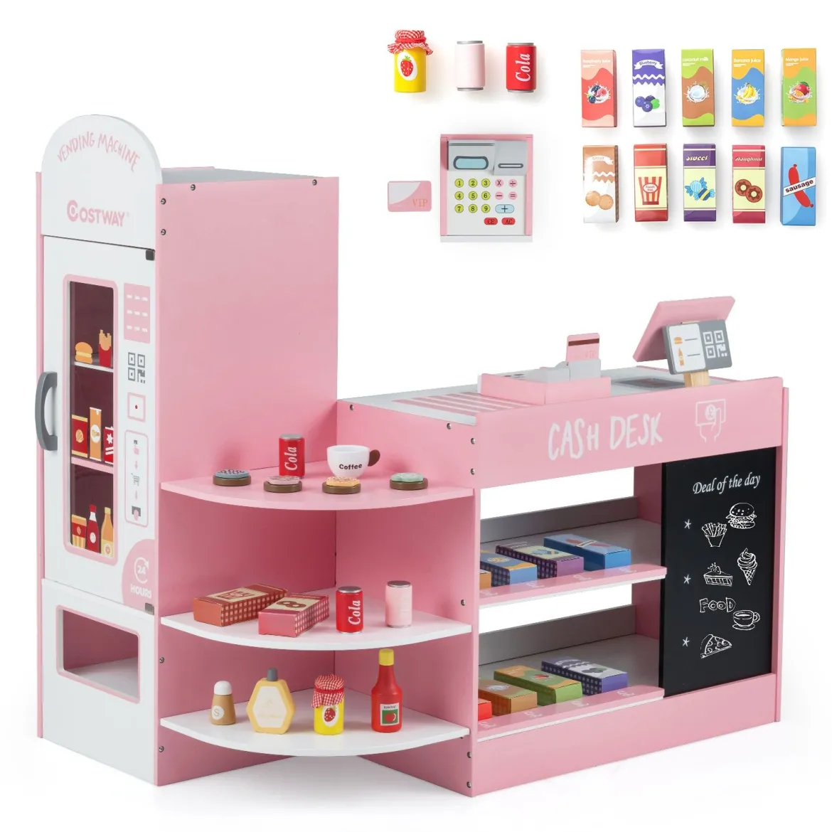 Kinder Supermarkt Spielset mit Kasse & POS-Maschine & Verkaufsautomat & Tafel Rosa
