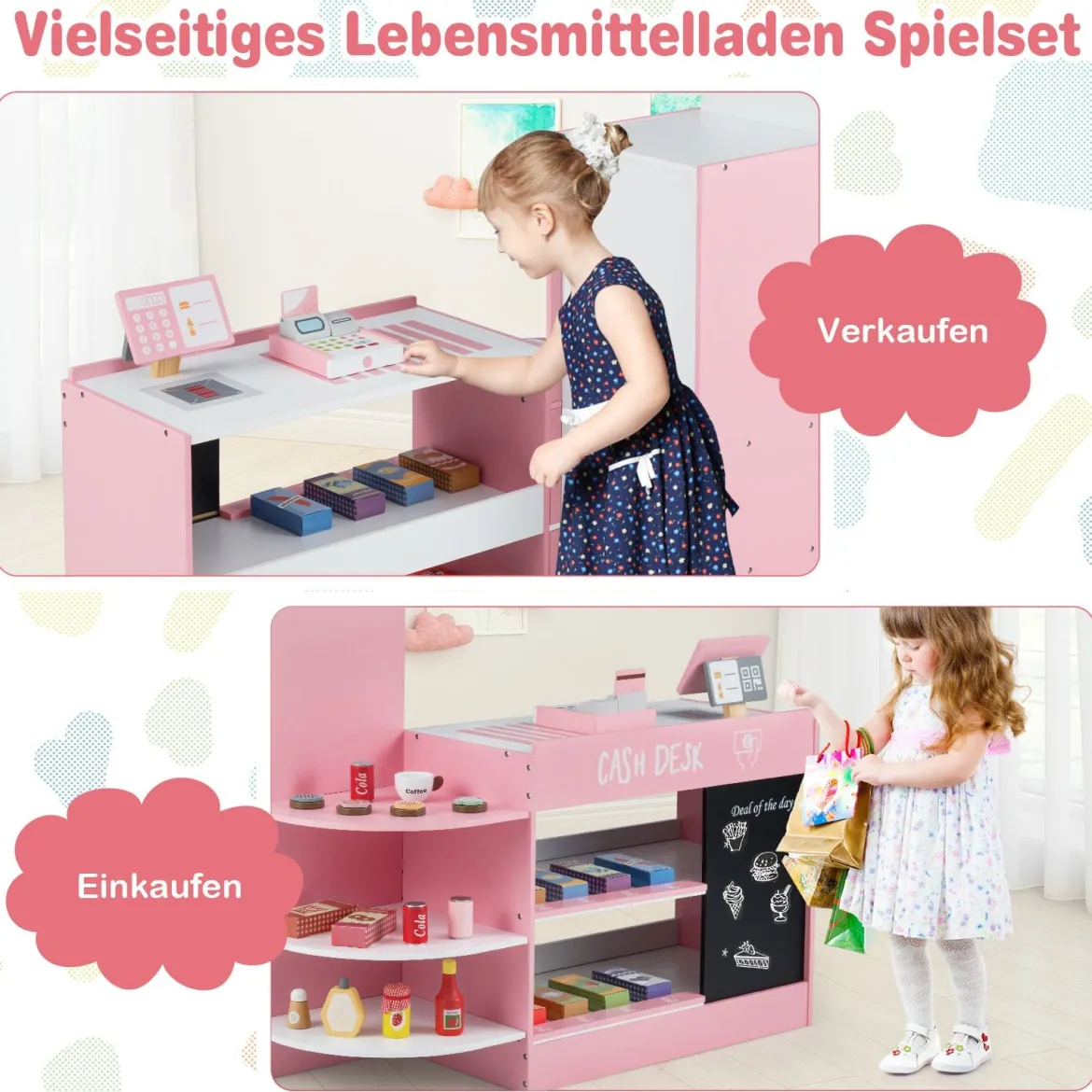 Kinder Supermarkt Spielset mit Kasse & POS-Maschine & Verkaufsautomat & Tafel Rosa