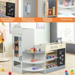 Kinder Supermarkt Spielset mit Kasse & POS-Maschine & Verkaufsautomat & Tafel Grau
