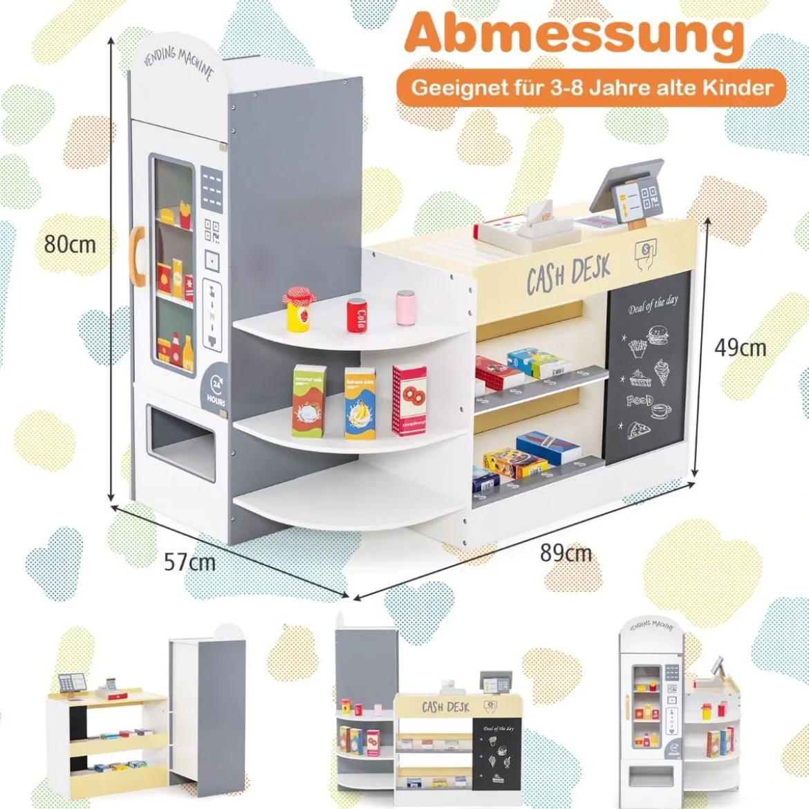 Kinder Supermarkt Spielset mit Kasse & POS-Maschine & Verkaufsautomat & Tafel Weiß