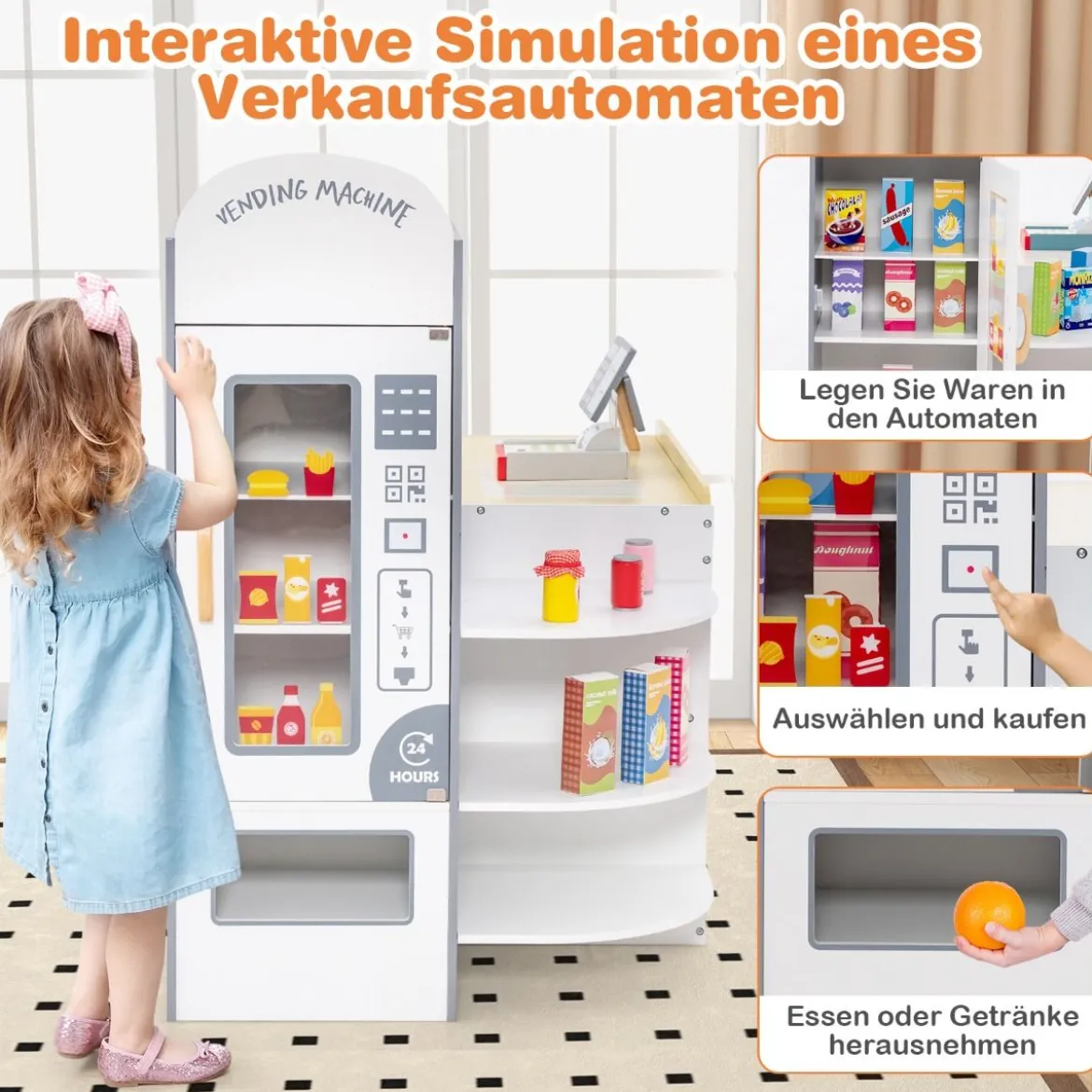 Kinder Supermarkt Spielset mit Kasse & POS-Maschine & Verkaufsautomat & Tafel Weiß