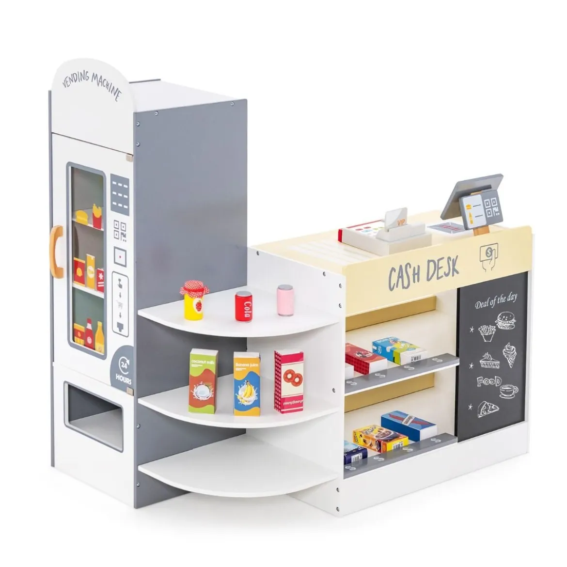 Kinder Supermarkt Spielset mit Kasse & POS-Maschine & Verkaufsautomat & Tafel Weiß