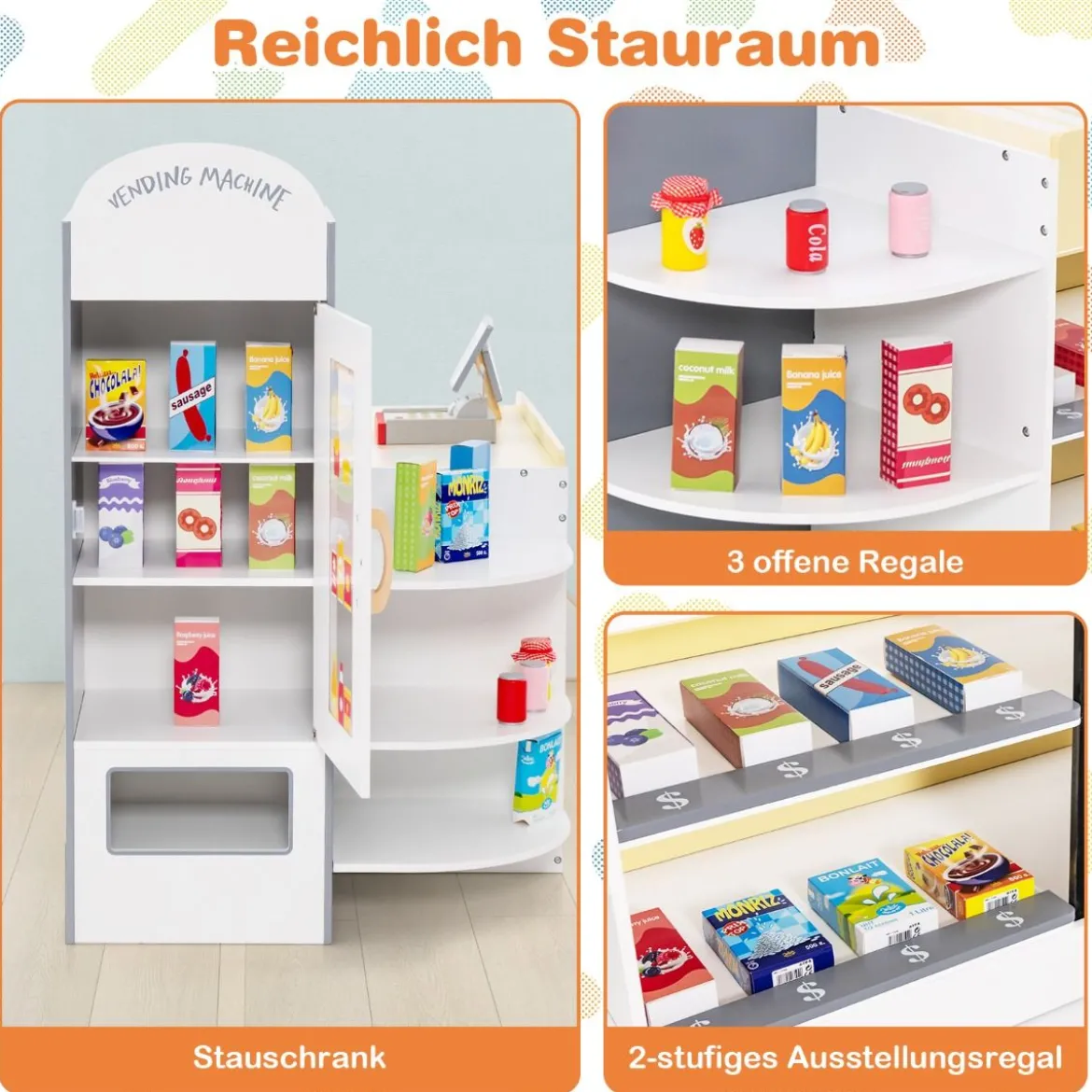 Kinder Supermarkt Spielset mit Kasse & POS-Maschine & Verkaufsautomat & Tafel Weiß