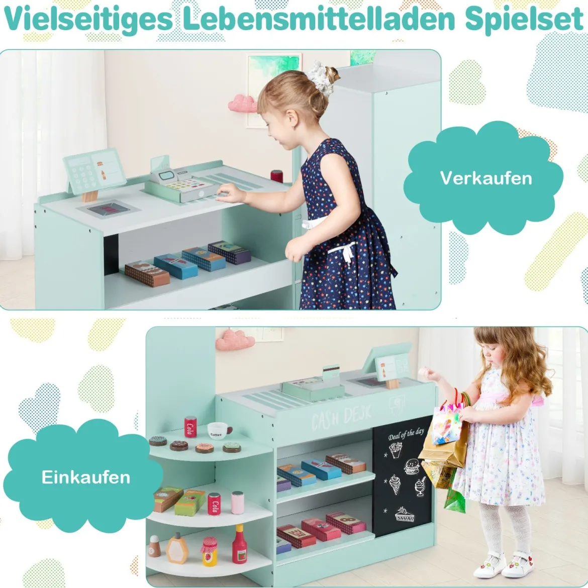 Kinder Supermarkt Spielset mit Kasse & POS-Maschine & Verkaufsautomat & Tafel Minzgrün