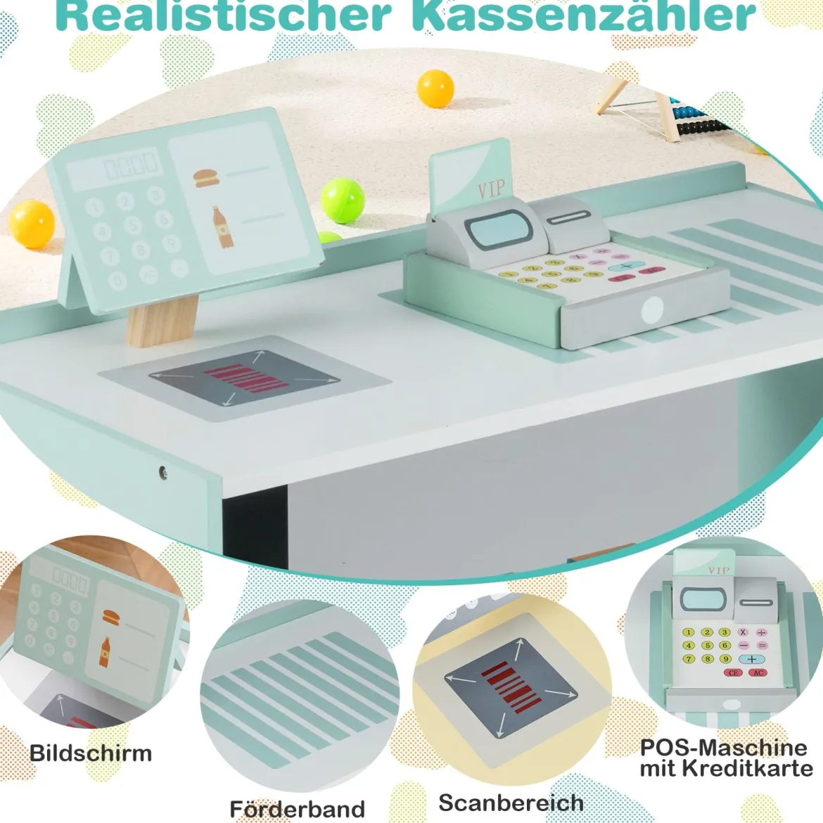 Kinder Supermarkt Spielset mit Kasse & POS-Maschine & Verkaufsautomat & Tafel Minzgrün