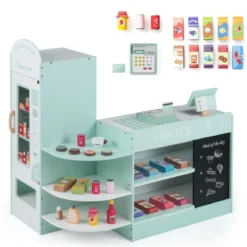 Kinder Supermarkt Spielset mit Kasse & POS-Maschine & Verkaufsautomat & Tafel Minzgrün