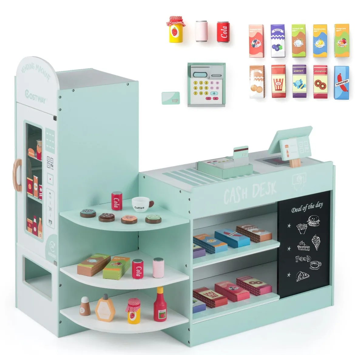 Kinder Supermarkt Spielset mit Kasse & POS-Maschine & Verkaufsautomat & Tafel Minzgrün