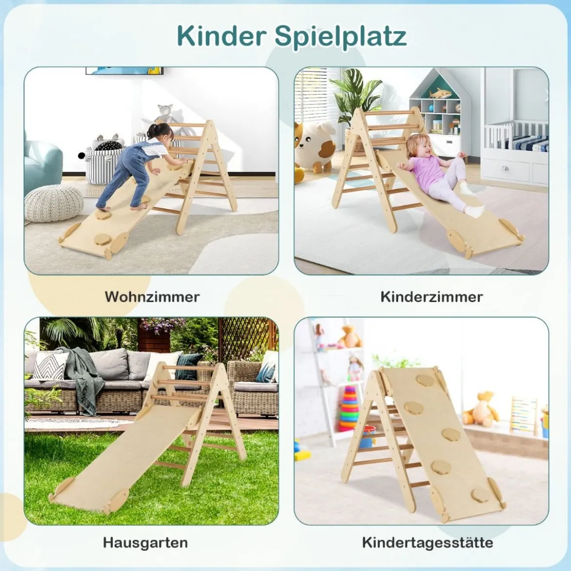 Kindertagesstätte Dreieckiges Klettergerüst aus Holz mit Rampe Natur