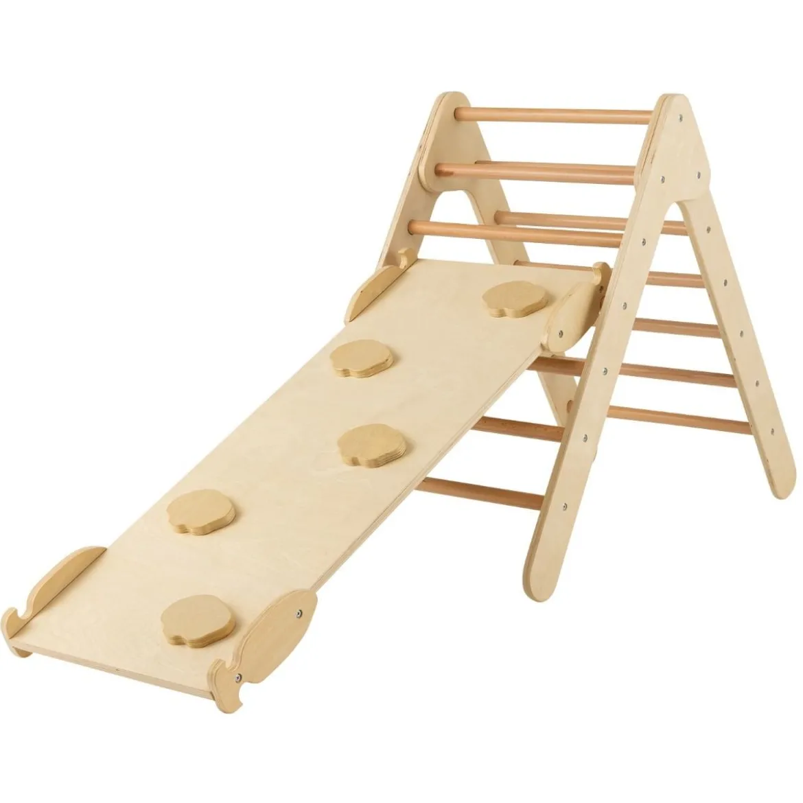 Kindertagesstätte Dreieckiges Klettergerüst aus Holz mit Rampe Natur