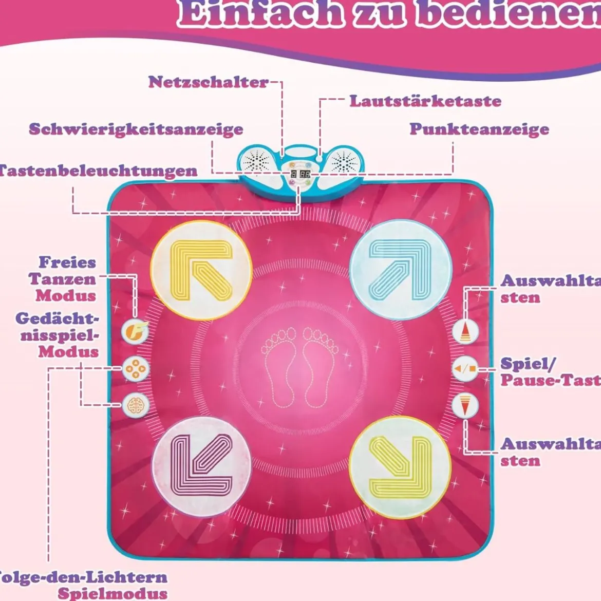 Kinder Tanzmatte mit Led-Leuchten & Memory-Spiel & 8 Musik Musikmatte Musik Matte Rosa