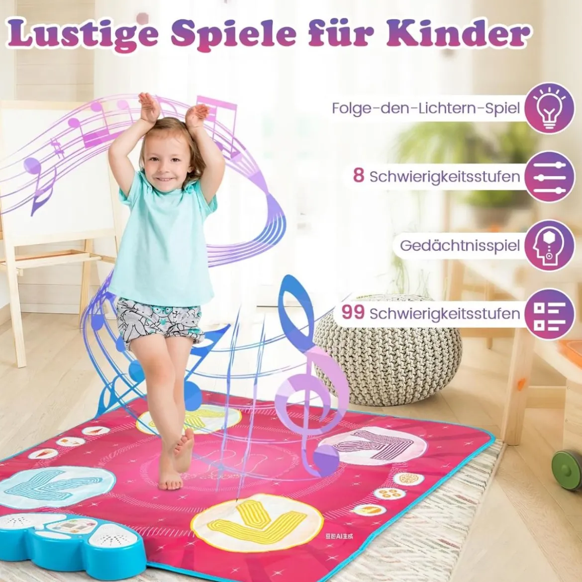 Kinder Tanzmatte mit Led-Leuchten & Memory-Spiel & 8 Musik Musikmatte Musik Matte Rosa