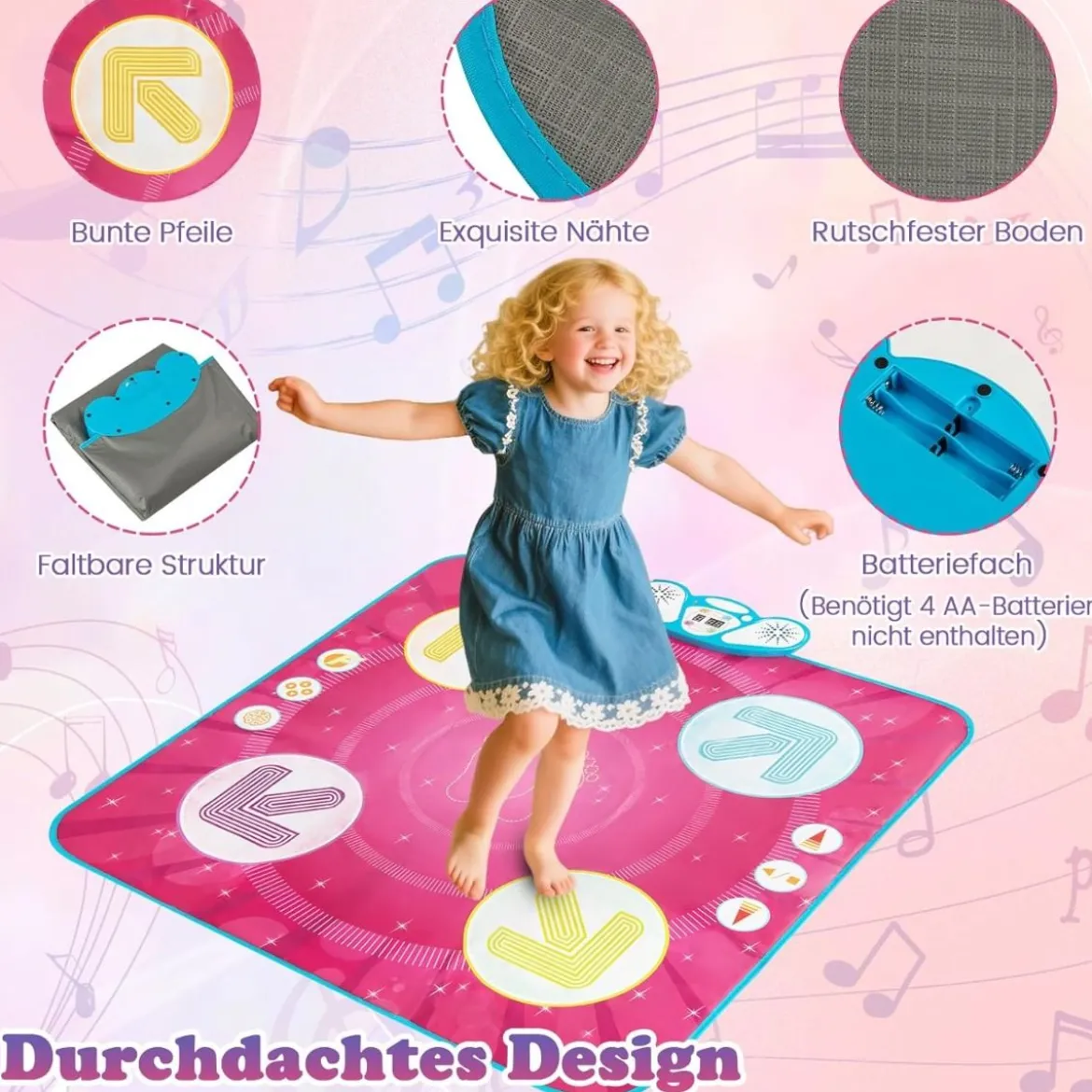 Kinder Tanzmatte mit Led-Leuchten & Memory-Spiel & 8 Musik Musikmatte Musik Matte Rosa