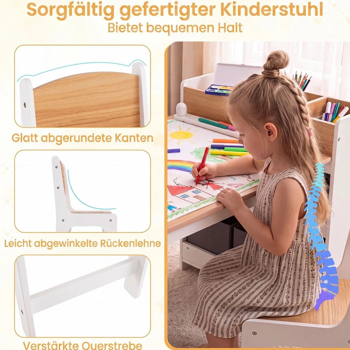 Kindertisch aus Holz Kindersitzgruppe mit 2 Stühlen 4 Fächer 6 Stoffkörben & Papierrolle Natur