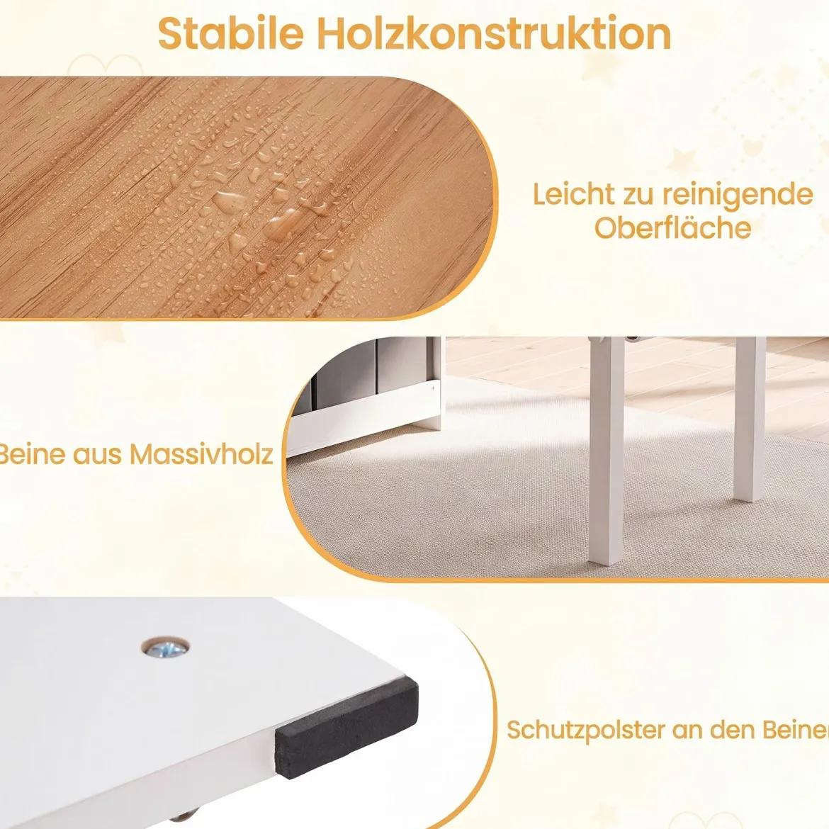 Kindertisch aus Holz Kindersitzgruppe mit 2 Stühlen 4 Fächer 6 Stoffkörben & Papierrolle Natur
