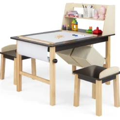 Kindertisch & 2 Hocker Set aus Kunsttisch & Stühlen für Kinder Kaffee + Natur