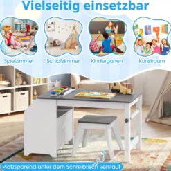 Kinder Tisch & Hockerset Kindersitzgruppe Holz mit Papierrollenhalter Papierrolle & 4 Farbbechern