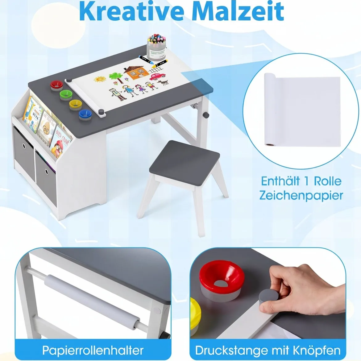 Kinder Tisch & Hockerset Kindersitzgruppe Holz mit Papierrollenhalter Papierrolle & 4 Farbbechern