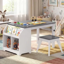 Kinder Tisch & Hockerset Kindersitzgruppe Holz mit Papierrollenhalter Papierrolle & 4 Farbbechern