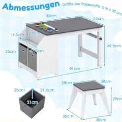 Kinder Tisch & Hockerset Kindersitzgruppe Holz mit Papierrollenhalter Papierrolle & 4 Farbbechern