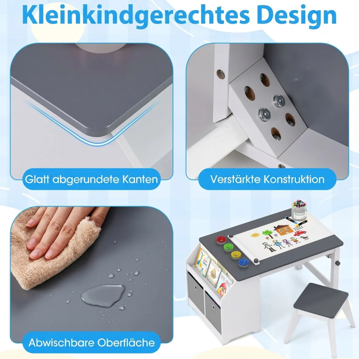 Kinder Tisch & Hockerset Kindersitzgruppe Holz mit Papierrollenhalter Papierrolle & 4 Farbbechern