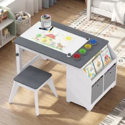 Kinder Tisch & Hockerset Kindersitzgruppe Holz mit Papierrollenhalter Papierrolle & 4 Farbbechern