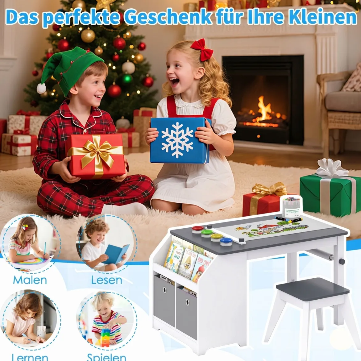 Kinder Tisch & Hockerset Kindersitzgruppe Holz mit Papierrollenhalter Papierrolle & 4 Farbbechern