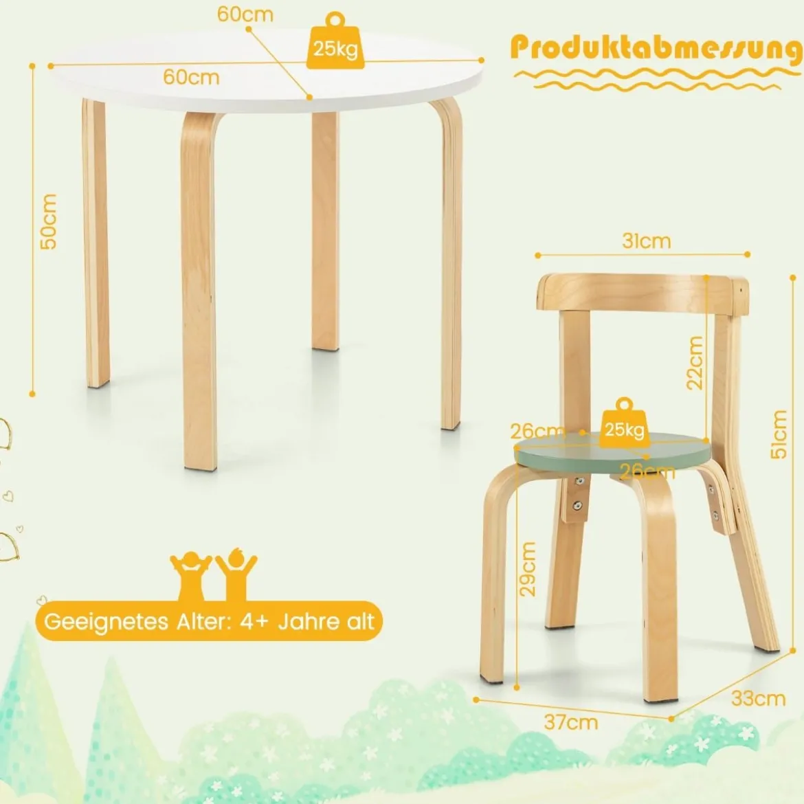 Kindertisch Holztisch mit 4 Stühlen für Kinder Kindertisch- und Stuhl-Set mit Rückenlehne Bunt