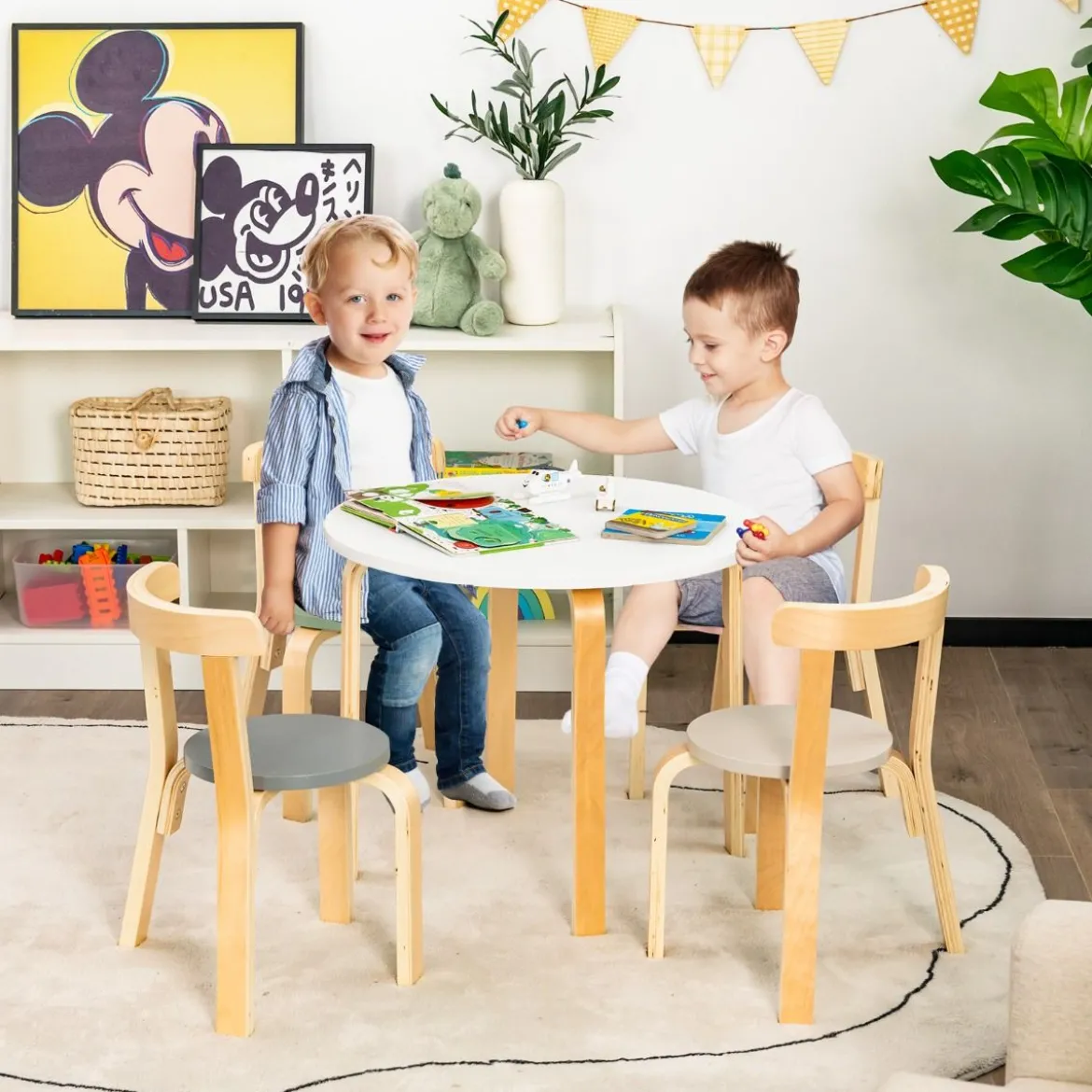 Kindertisch Holztisch mit 4 Stühlen für Kinder Kindertisch- und Stuhl-Set mit Rückenlehne Bunt