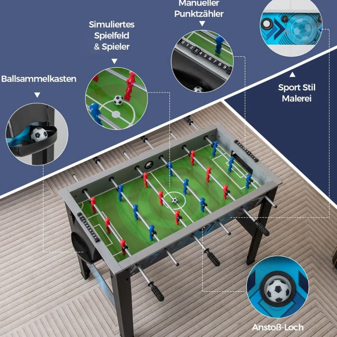 Kinder Tischkicker mit 2 Fußbällen & 18 Spielern Holz Kickertisch Tischfussball Fußballtisch