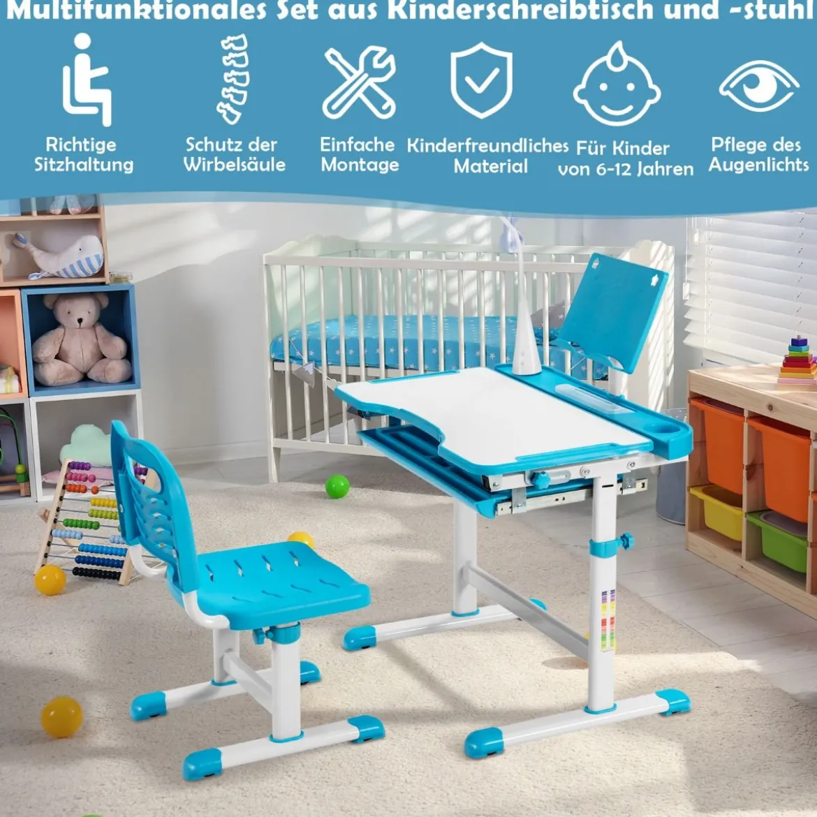 Kindertisch Kinderschreibtisch Set mit Bücherständer & LED-Licht für Jungs & Mädchen Blau
