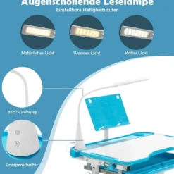 Kindertisch Kinderschreibtisch Set mit Bücherständer & LED-Licht für Jungs & Mädchen Blau