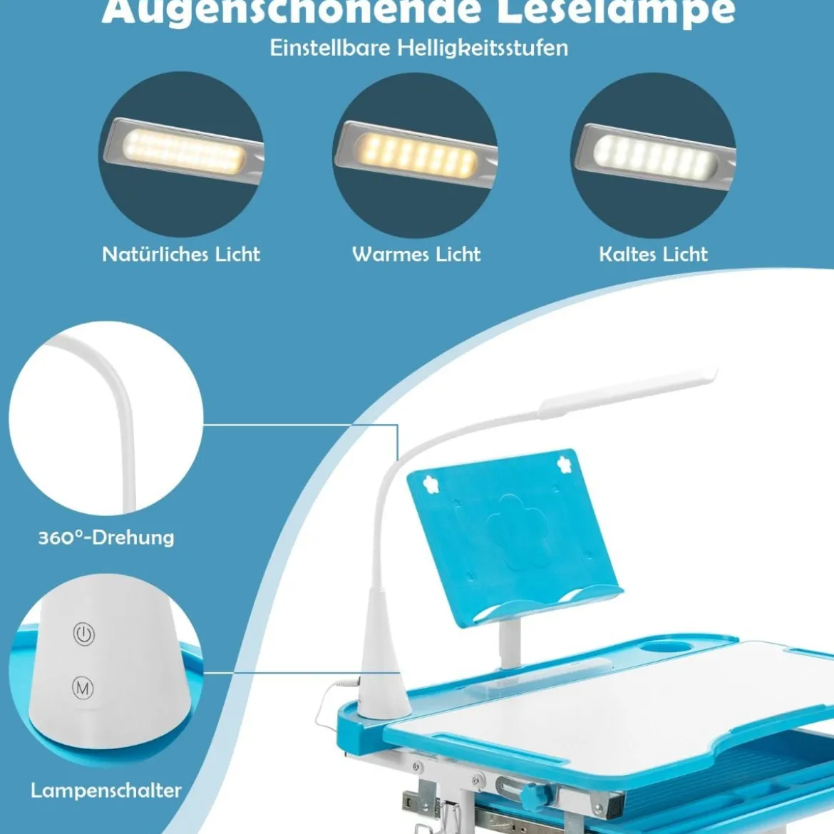 Kindertisch Kinderschreibtisch Set mit Bücherständer & LED-Licht für Jungs & Mädchen Blau