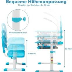 Kindertisch Kinderschreibtisch Set mit Bücherständer & LED-Licht für Jungs & Mädchen Blau