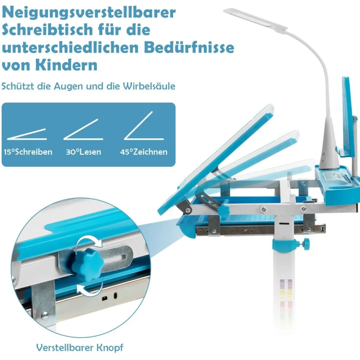 Kindertisch Kinderschreibtisch Set mit Bücherständer & LED-Licht für Jungs & Mädchen Blau