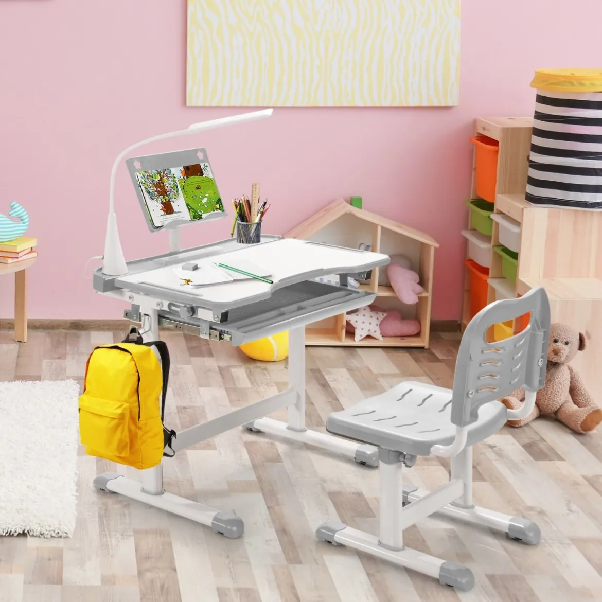 Kindertisch Kinderschreibtisch Set mit Bücherständer & LED-Licht für Jungs & Mädchen Grau