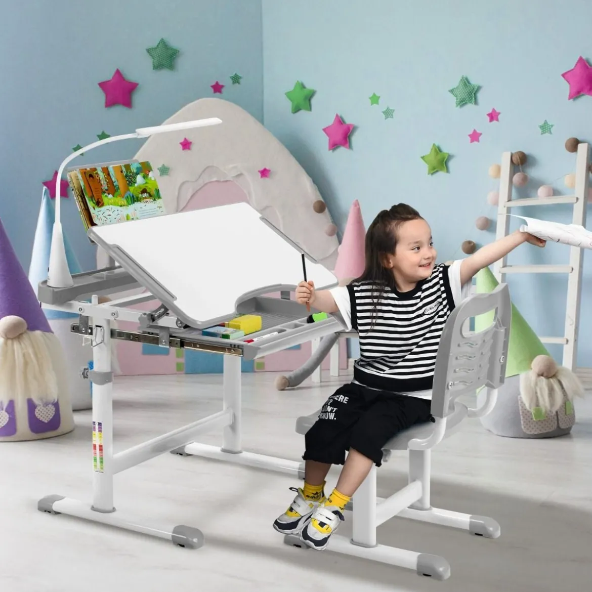 Kindertisch Kinderschreibtisch Set mit Bücherständer & LED-Licht für Jungs & Mädchen Grau