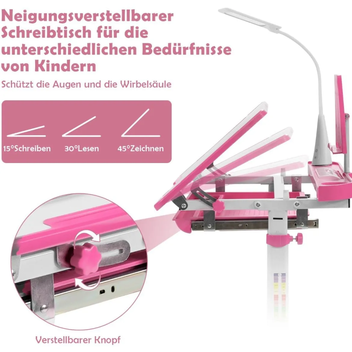 Kindertisch Kinderschreibtisch Set mit Bücherständer & LED-Licht für Jungs & Mädchen Rosa