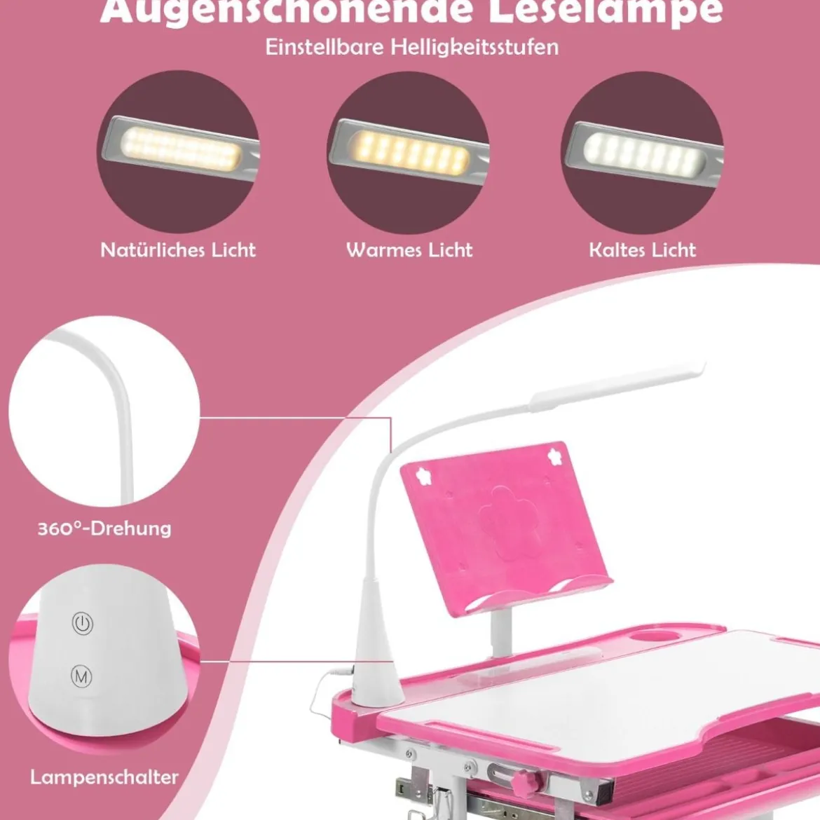 Kindertisch Kinderschreibtisch Set mit Bücherständer & LED-Licht für Jungs & Mädchen Rosa