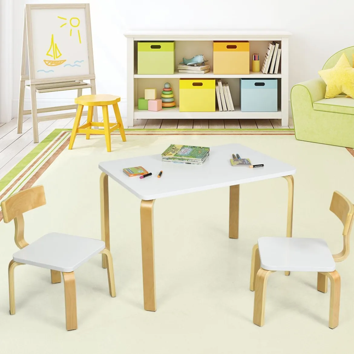 Kindertisch mit 2 Stühlen aus Holz 3tlg. Kindersitzgruppe Sitzgruppe für Kinder Weiß