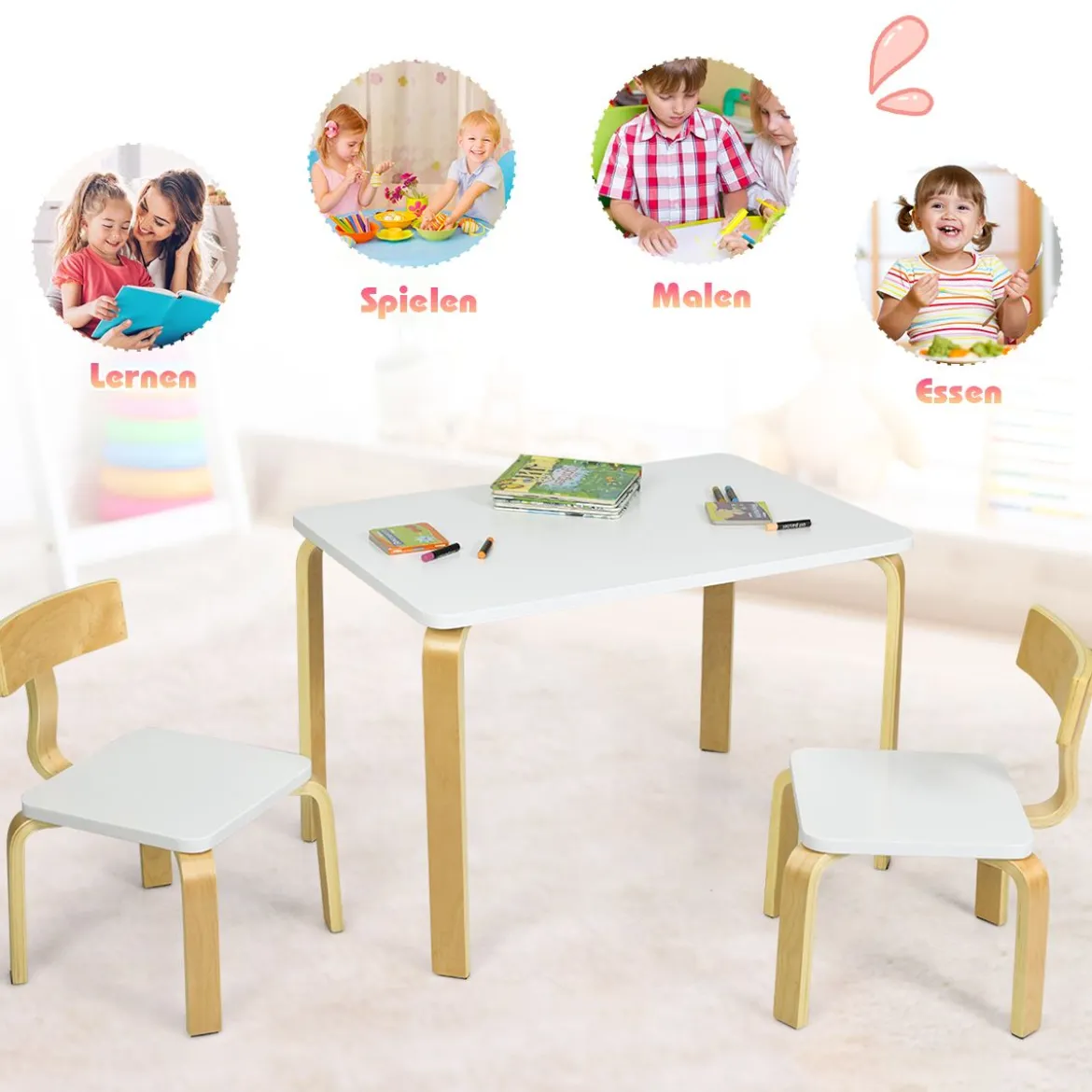 Kindertisch mit 2 Stühlen aus Holz 3tlg. Kindersitzgruppe Sitzgruppe für Kinder Weiß